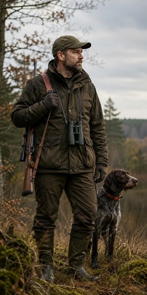 Jæger med hund og gevær i naturen